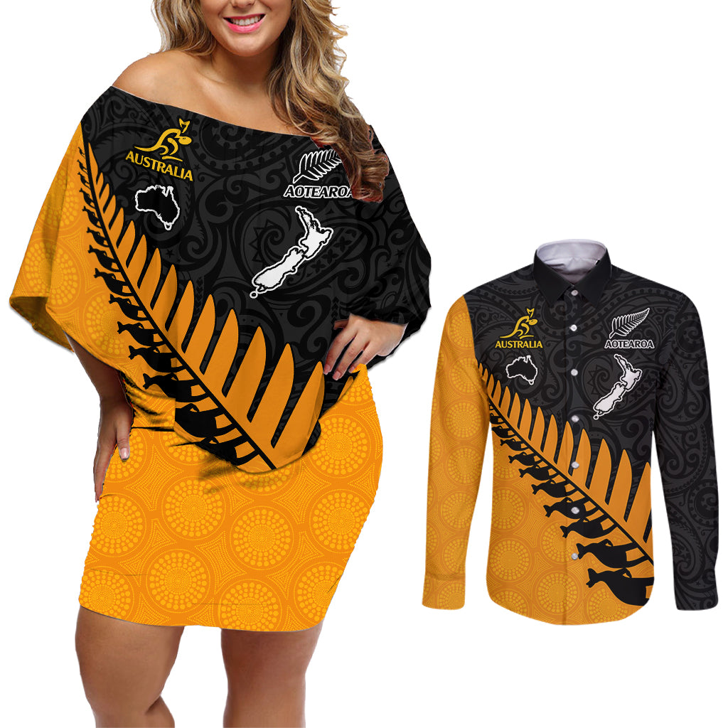 Custom Australia Wallabies and Aotearoa Rugby Couples Matching Off Shoulder Short Dress and Long Sleeve Button Shirts Kangaroo Black Fern Maori Gold Vibe LT9 Gold - Polynesian Pride