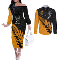 Custom Australia Wallabies and Aotearoa Rugby Couples Matching Off The Shoulder Long Sleeve Dress and Long Sleeve Button Shirts Kangaroo Black Fern Maori Gold Vibe LT9 Gold - Polynesian Pride