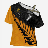 Australia New Zealand Rugby Cross Shoulder Shirt Gold Aboriginal Wallabies and Maori Black Fern - Polynesian Pride