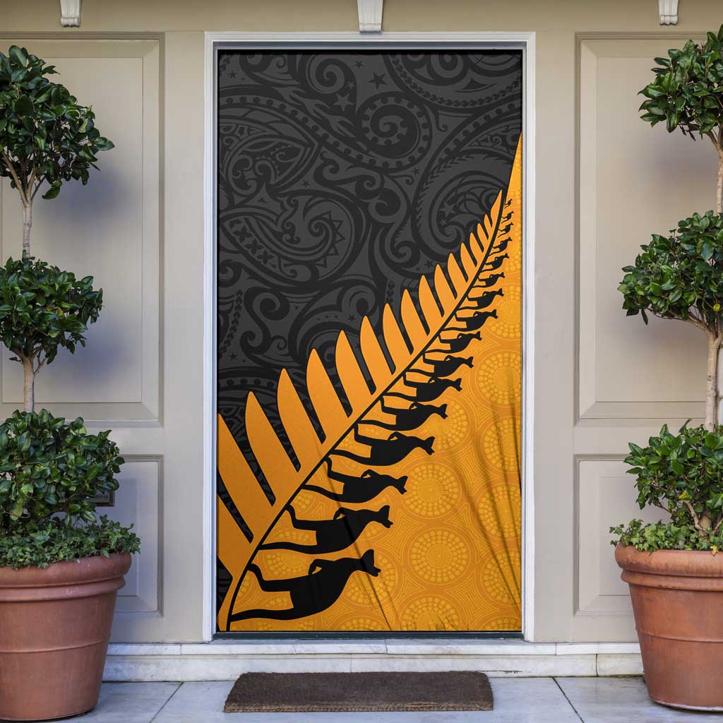 Australia New Zealand Rugby Door Cover Gold Aboriginal Wallabies and Maori Black Fern - Polynesian Pride