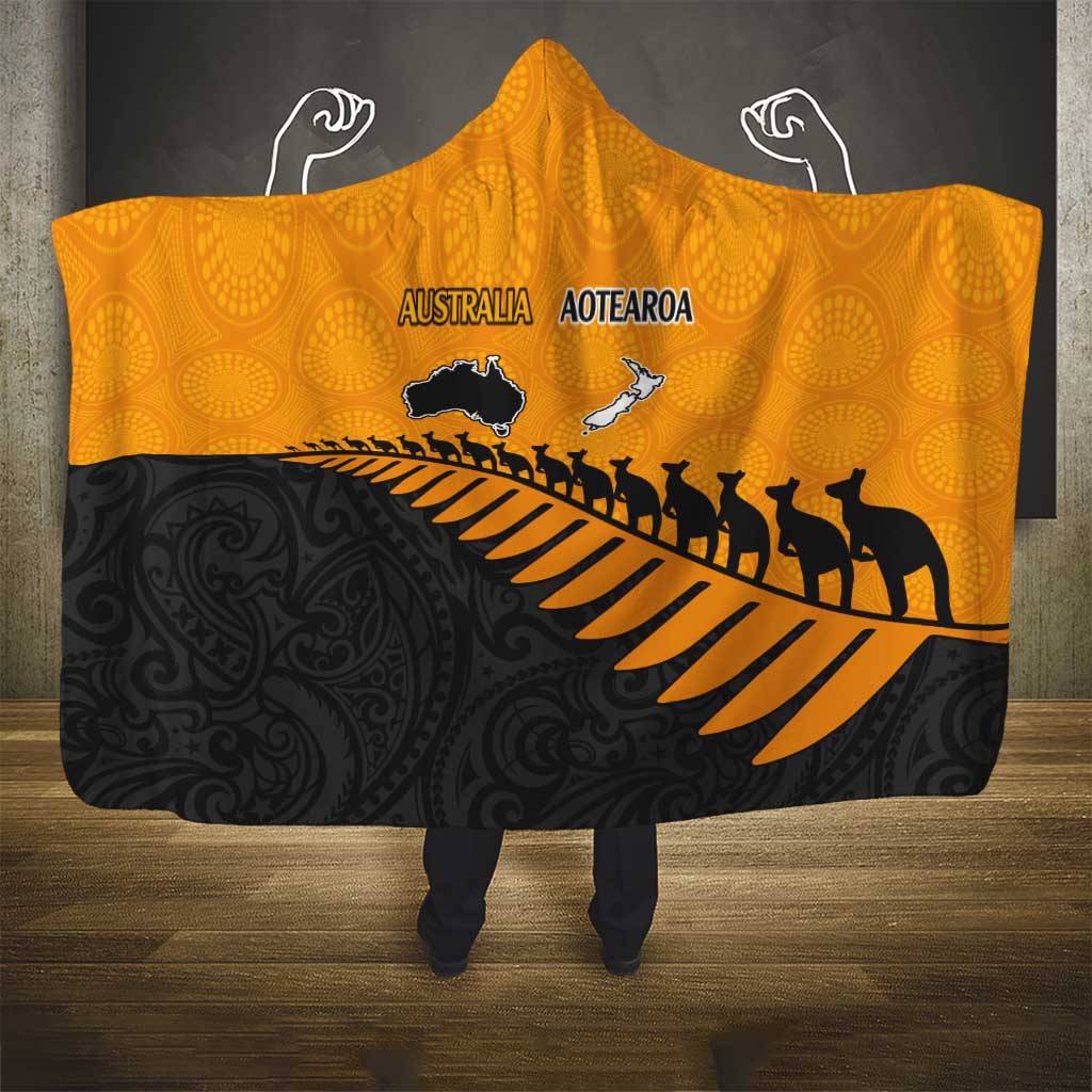 Australia New Zealand Rugby Hooded Blanket Gold Aboriginal Wallabies and Maori Black Fern - Polynesian Pride