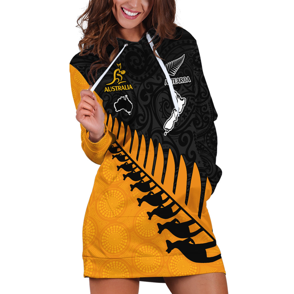 Custom Australia Wallabies and Aotearoa Rugby Hoodie Dress Kangaroo Black Fern Maori Gold Vibe LT9 Gold - Polynesian Pride