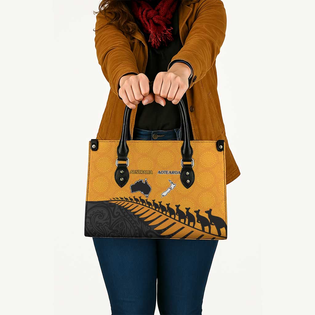 Australia New Zealand Rugby Leather Bag Gold Aboriginal Wallabies and Maori Black Fern - Polynesian Pride