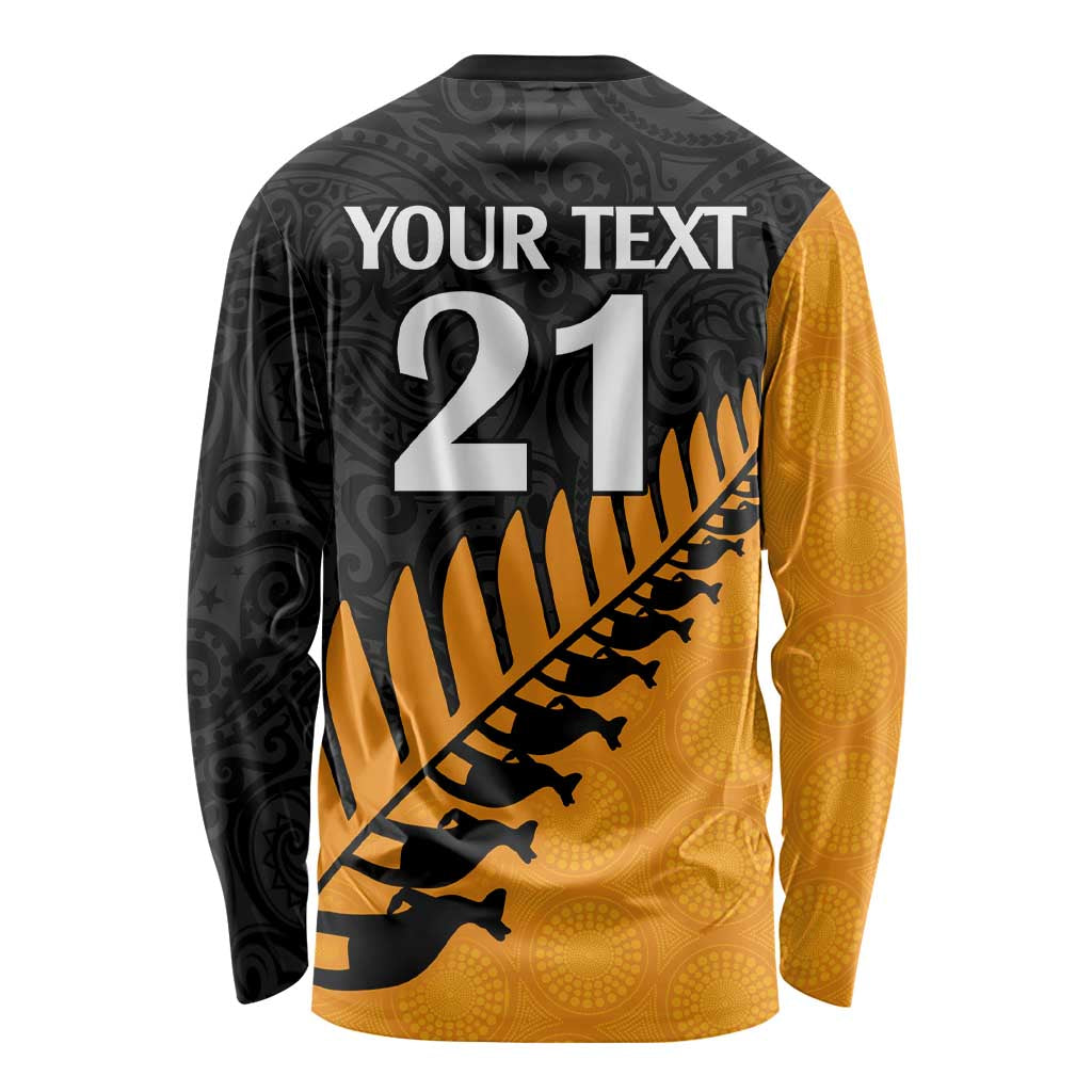 Custom Australia Wallabies and Aotearoa Rugby Long Sleeve Shirt Kangaroo Black Fern Maori Gold Vibe LT9