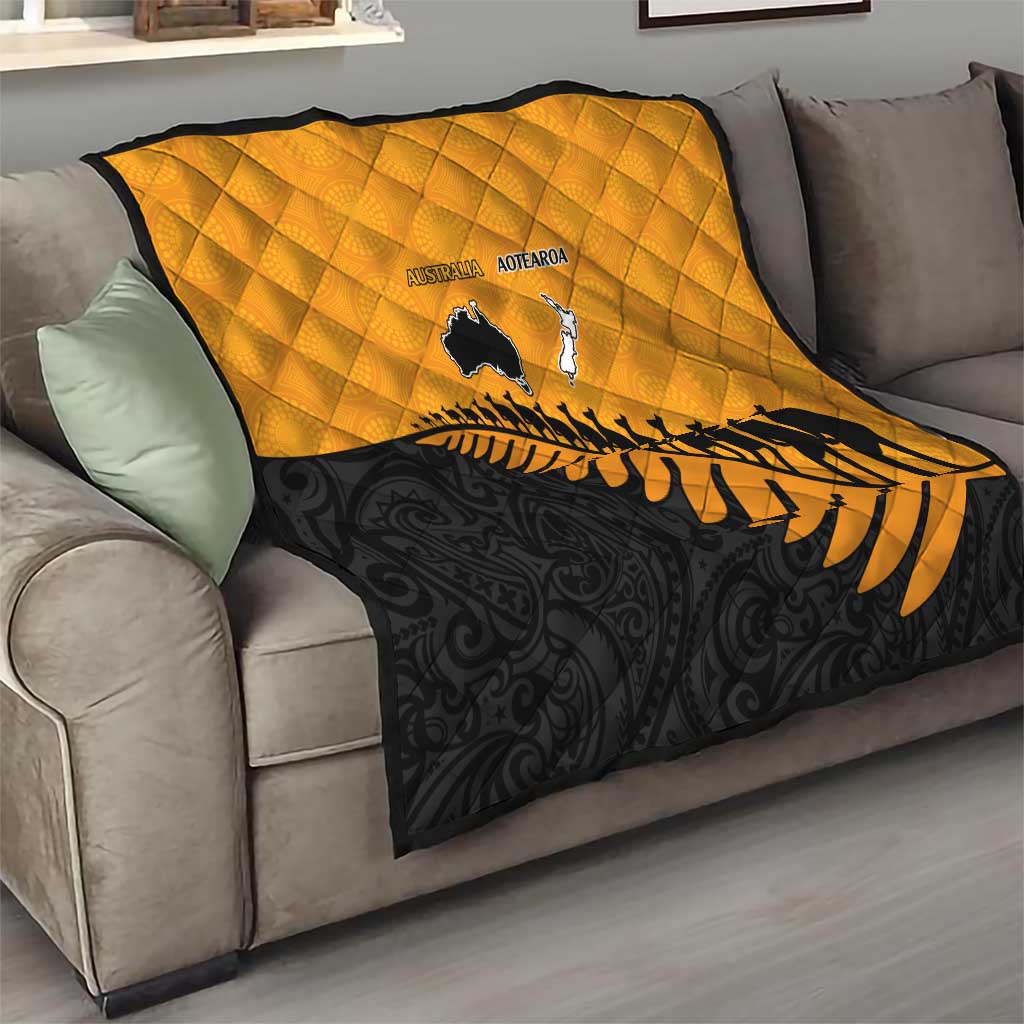 Australia New Zealand Rugby Quilt Gold Aboriginal Wallabies and Maori Black Fern - Polynesian Pride