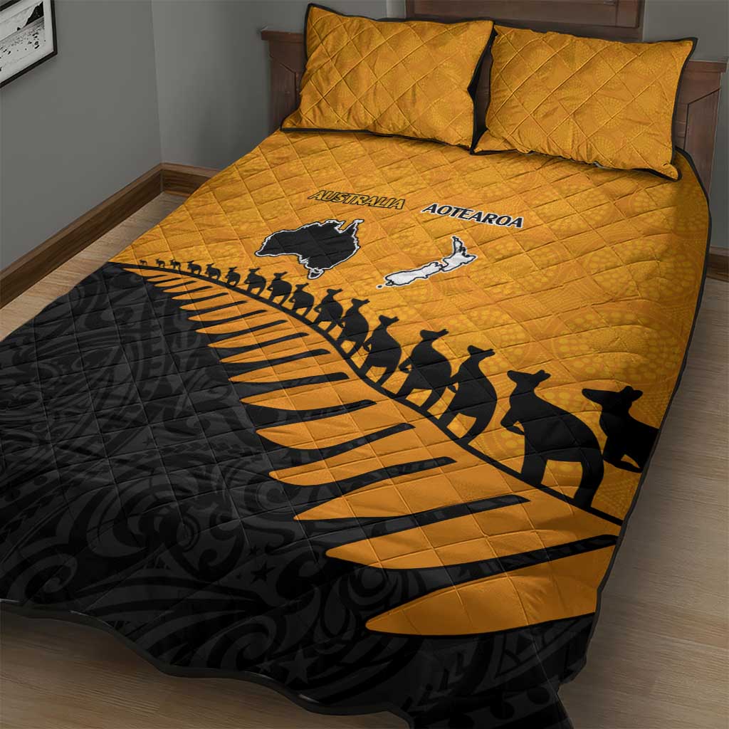 Australia New Zealand Rugby Quilt Bed Set Gold Aboriginal Wallabies and Maori Black Fern - Polynesian Pride