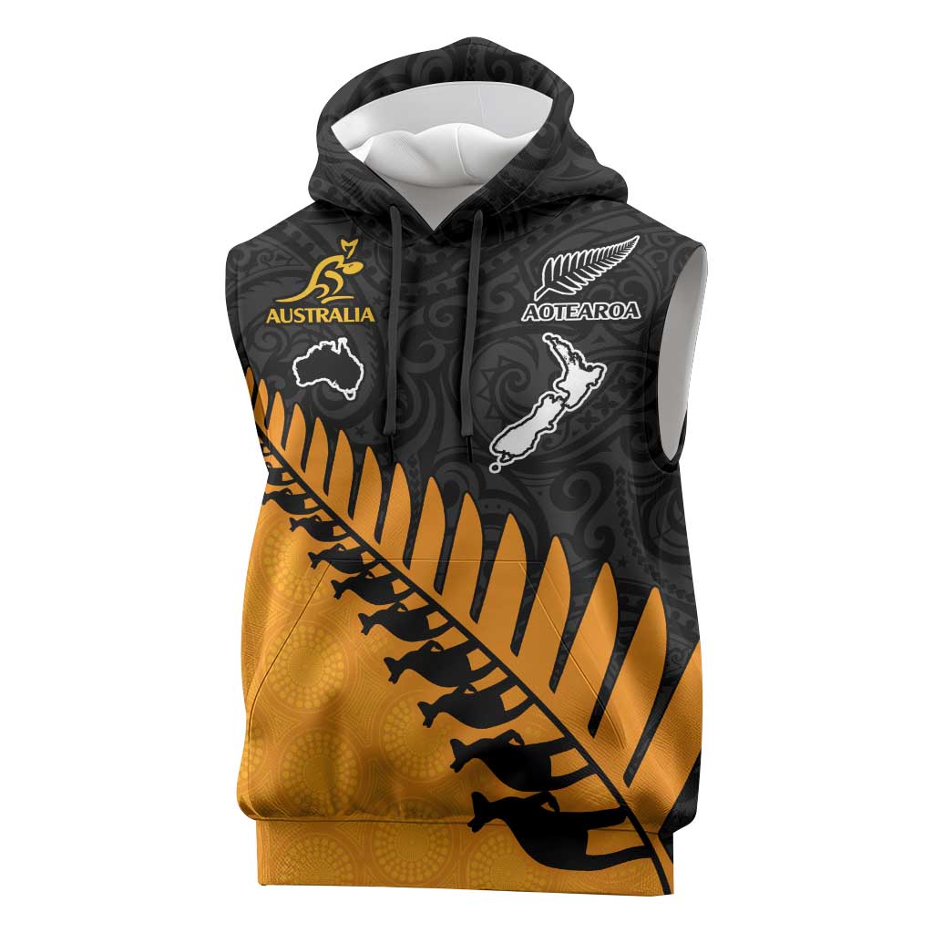 Australia New Zealand Rugby Sleeveless Hoodie Gold Aboriginal Wallabies and Maori Black Fern - Polynesian Pride