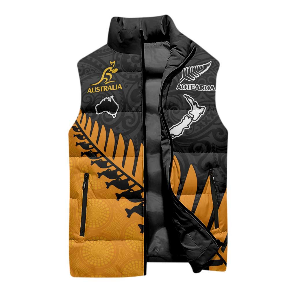 Australia New Zealand Rugby Sleeveless Puffer Jacket Gold Aboriginal Wallabies and Maori Black Fern - Polynesian Pride