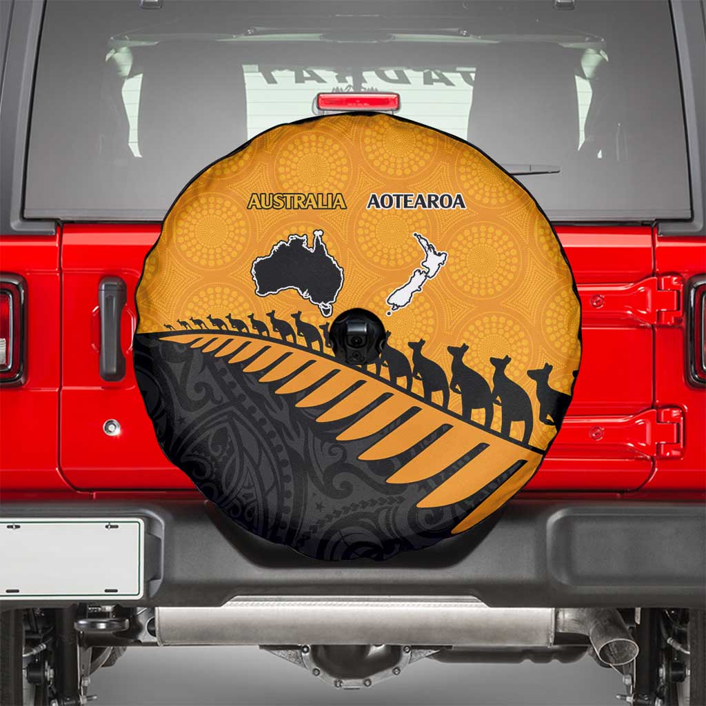 Australia New Zealand Rugby Spare Tire Cover Gold Aboriginal Wallabies and Maori Black Fern - Polynesian Pride