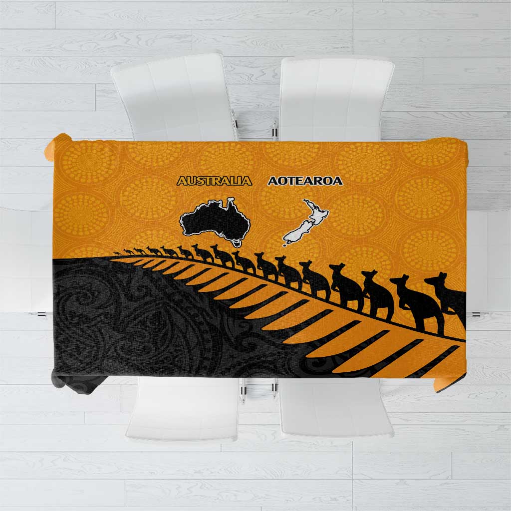 Australia New Zealand Rugby Tablecloth Gold Aboriginal Wallabies and Maori Black Fern - Polynesian Pride