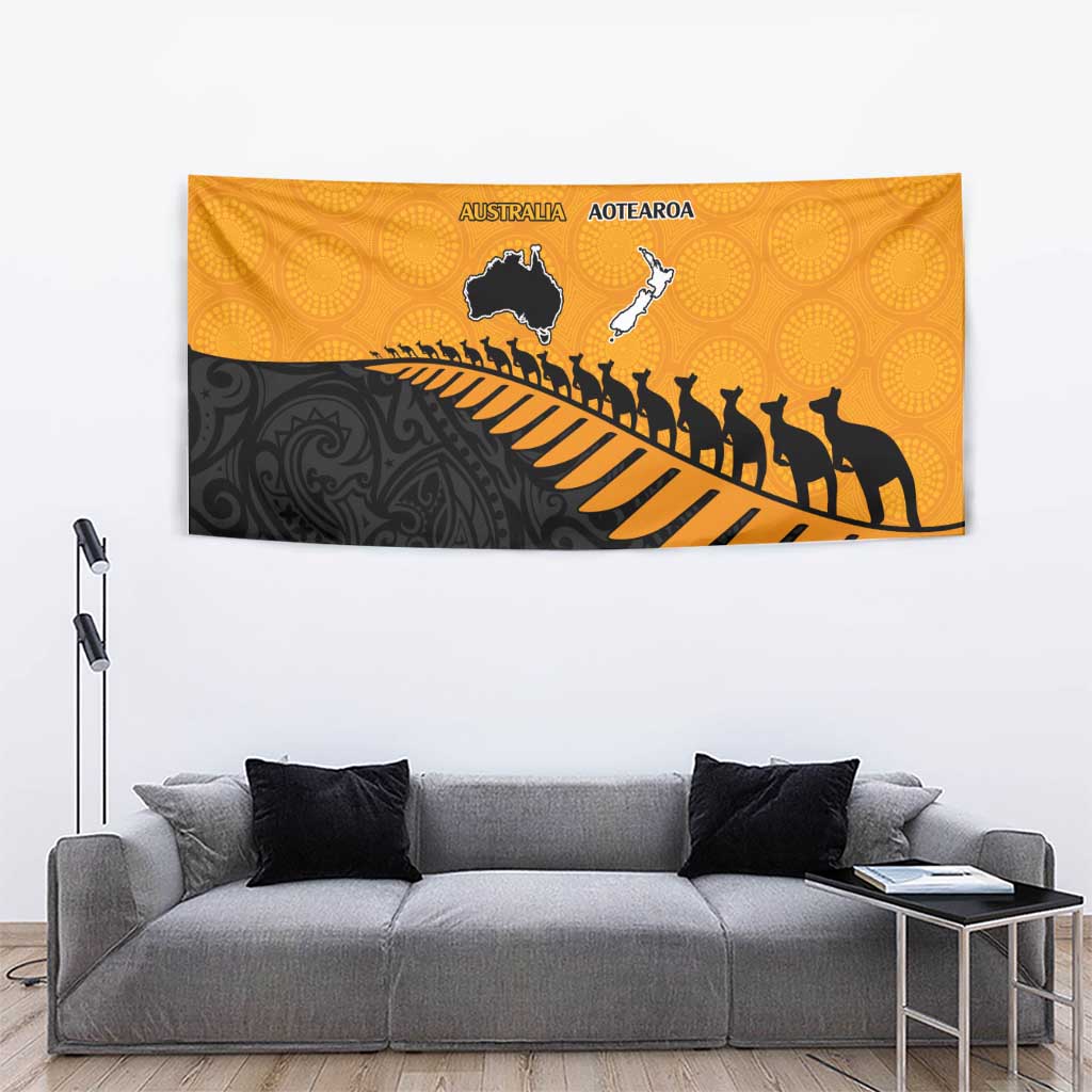 Australia New Zealand Rugby Tapestry Gold Aboriginal Wallabies and Maori Black Fern - Polynesian Pride