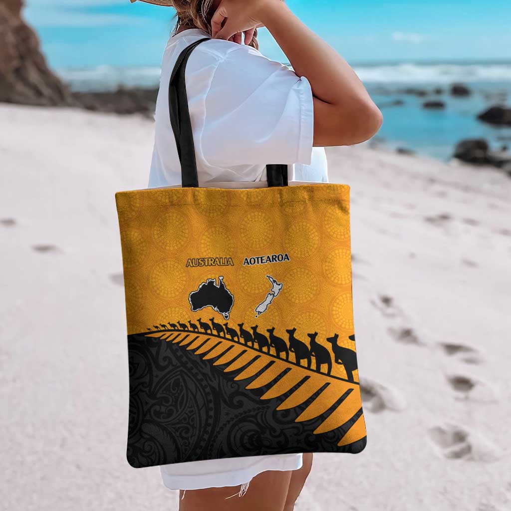 Australia New Zealand Rugby Tote Bag Gold Aboriginal Wallabies and Maori Black Fern - Polynesian Pride