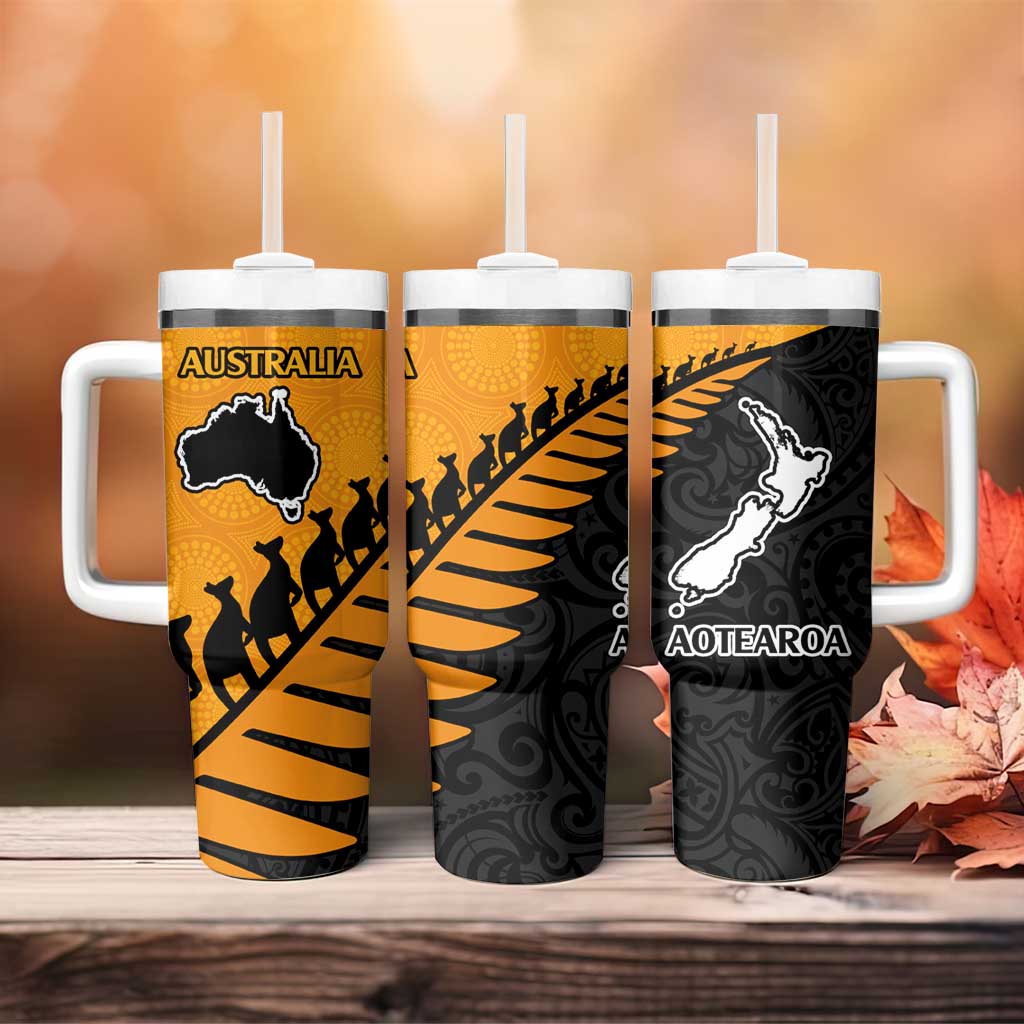 Australia New Zealand Rugby Tumbler With Handle Gold Aboriginal Wallabies and Maori Black Fern - Polynesian Pride