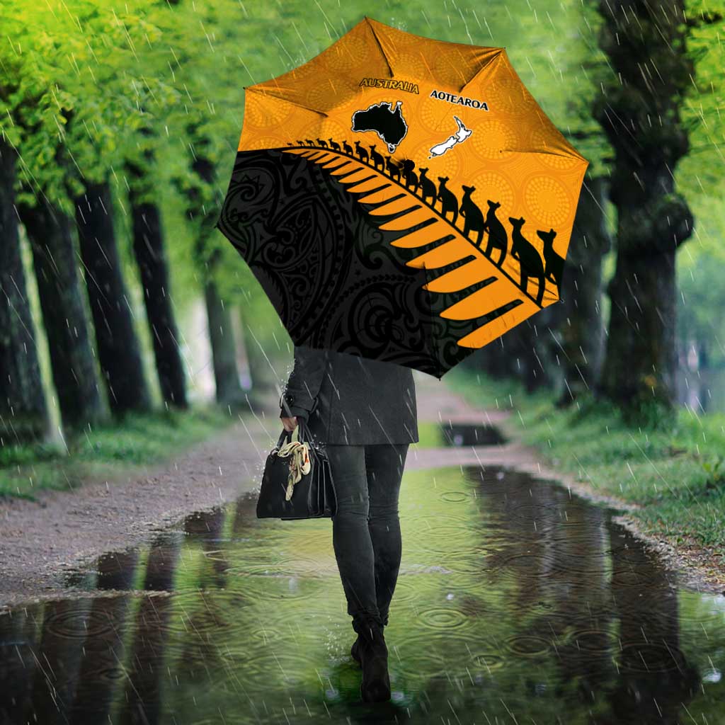 Australia New Zealand Rugby Umbrella Gold Aboriginal Wallabies and Maori Black Fern - Polynesian Pride