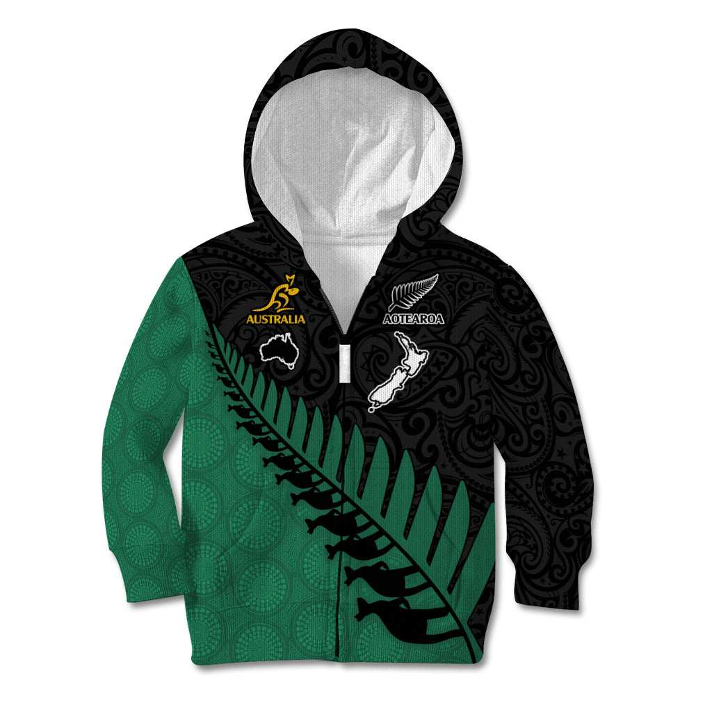 Australia Wallabies and Aotearoa Rugby Kid Hoodie Kangaroo Black Fern Maori Green Vibe LT9 - Polynesian Pride