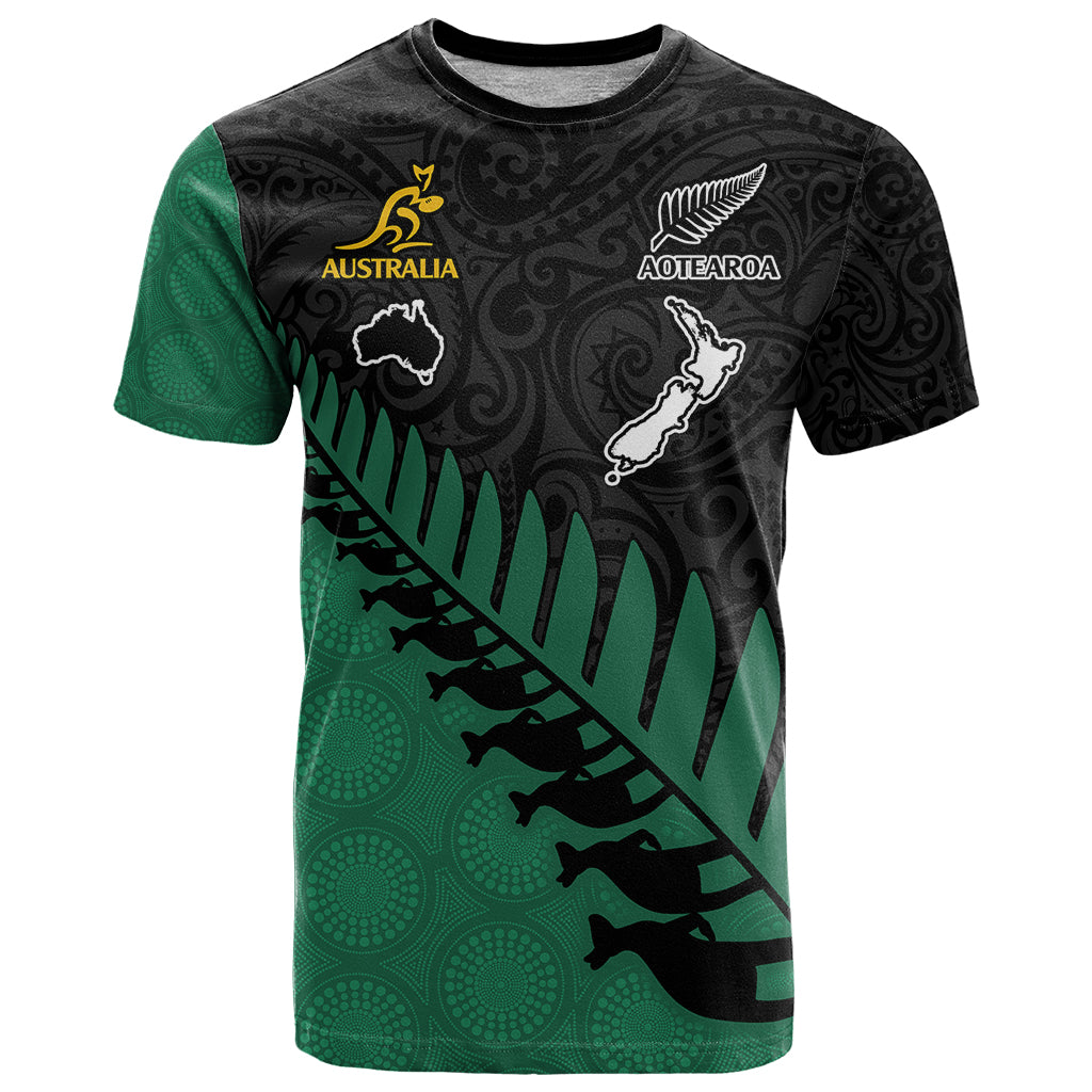 Australia Wallabies and Aotearoa Rugby T Shirt Kangaroo Black Fern Maori Green Vibe LT9 Green - Polynesian Pride