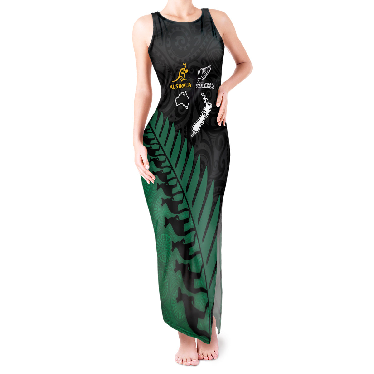 Australia Wallabies and Aotearoa Rugby Tank Maxi Dress Kangaroo Black Fern Maori Green Vibe LT9 Women Green - Polynesian Pride