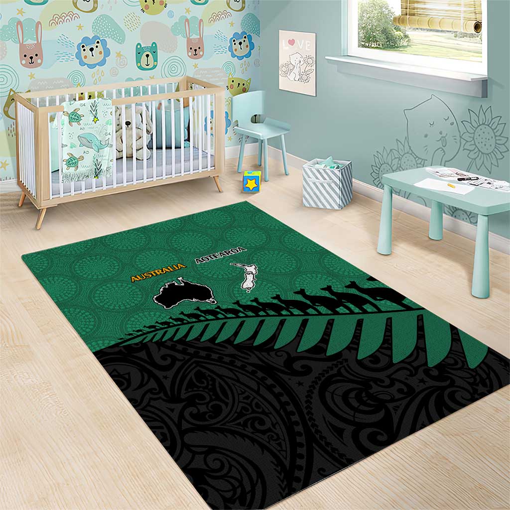 Australia New Zealand Rugby Area Rug Green Aboriginal Wallabies and Maori Black Fern - Polynesian Pride