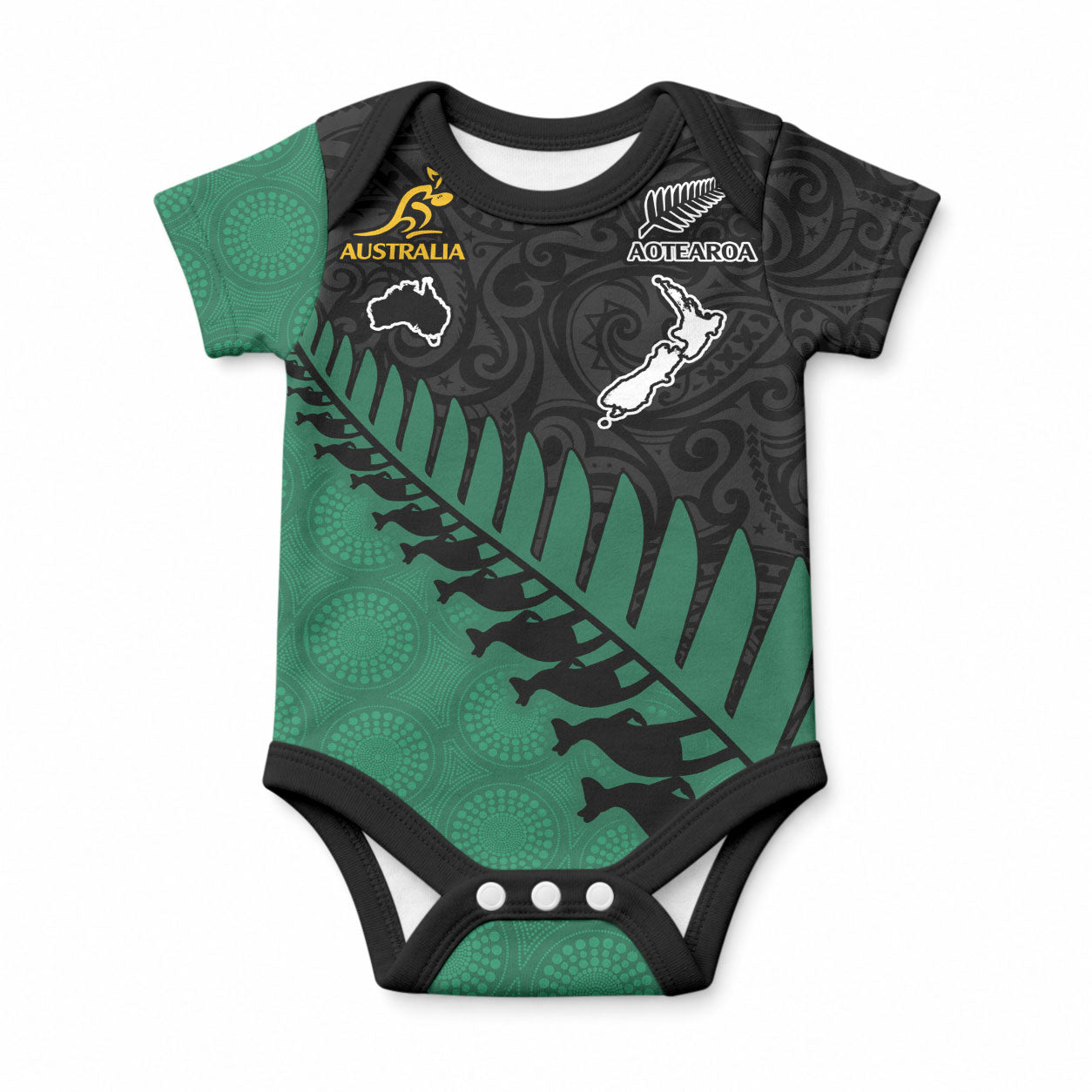 Custom Australia Wallabies and Aotearoa Rugby Baby Onesie Kangaroo Black Fern Maori Green Vibe LT9 Green - Polynesian Pride