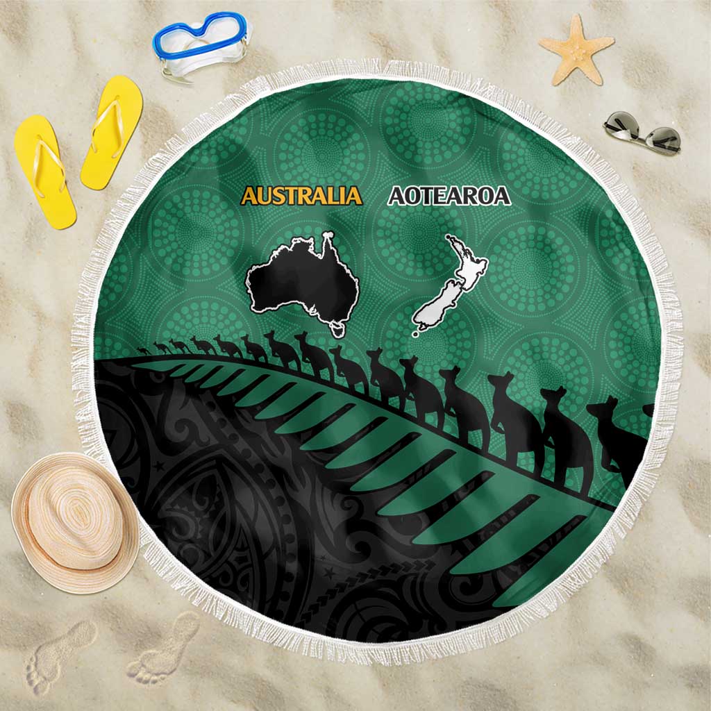Australia New Zealand Rugby Beach Blanket Green Aboriginal Wallabies and Maori Black Fern - Polynesian Pride