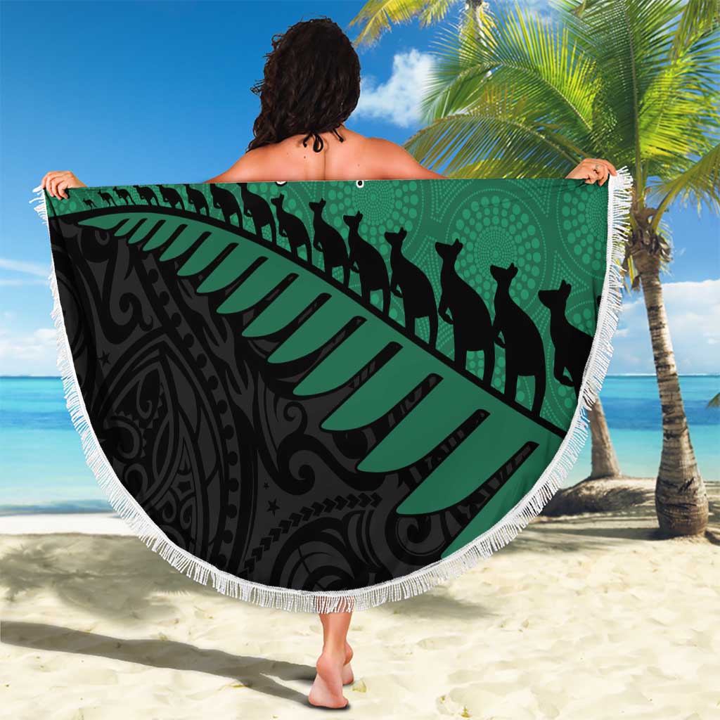 Australia New Zealand Rugby Beach Blanket Green Aboriginal Wallabies and Maori Black Fern - Polynesian Pride
