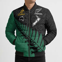 Australia New Zealand Rugby Bomber Puffer Jacket Green Aboriginal Wallabies and Maori Black Fern - Polynesian Pride