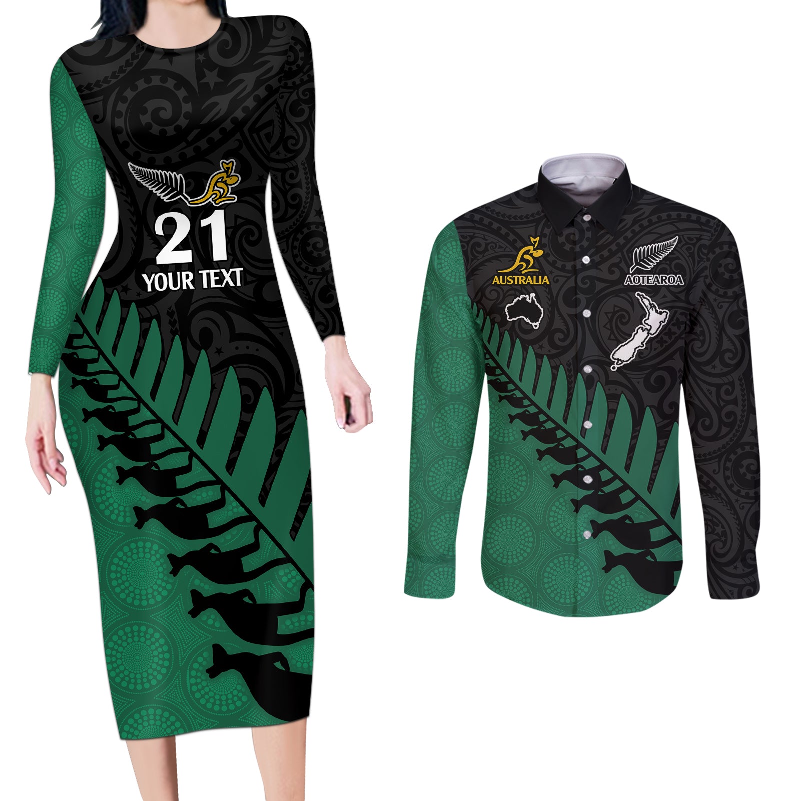 Custom Australia Wallabies and Aotearoa Rugby Couples Matching Long Sleeve Bodycon Dress and Long Sleeve Button Shirts Kangaroo Black Fern Maori Green Vibe LT9 Green - Polynesian Pride