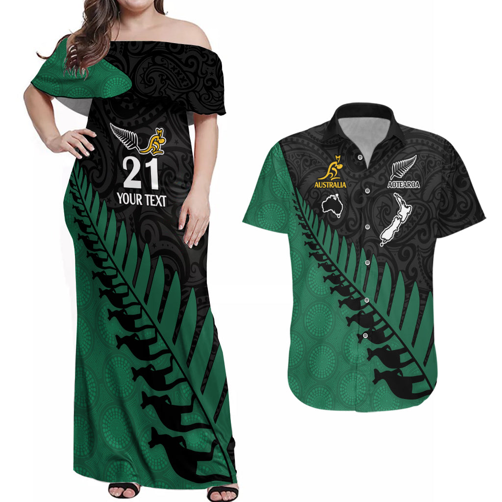 Custom Australia Wallabies and Aotearoa Rugby Couples Matching Off Shoulder Maxi Dress and Hawaiian Shirt Kangaroo Black Fern Maori Green Vibe LT9 Green - Polynesian Pride