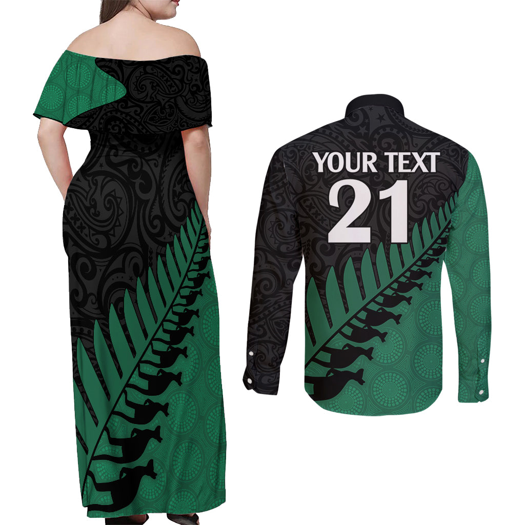 Custom Australia Wallabies and Aotearoa Rugby Couples Matching Off Shoulder Maxi Dress and Long Sleeve Button Shirts Kangaroo Black Fern Maori Green Vibe LT9 - Polynesian Pride