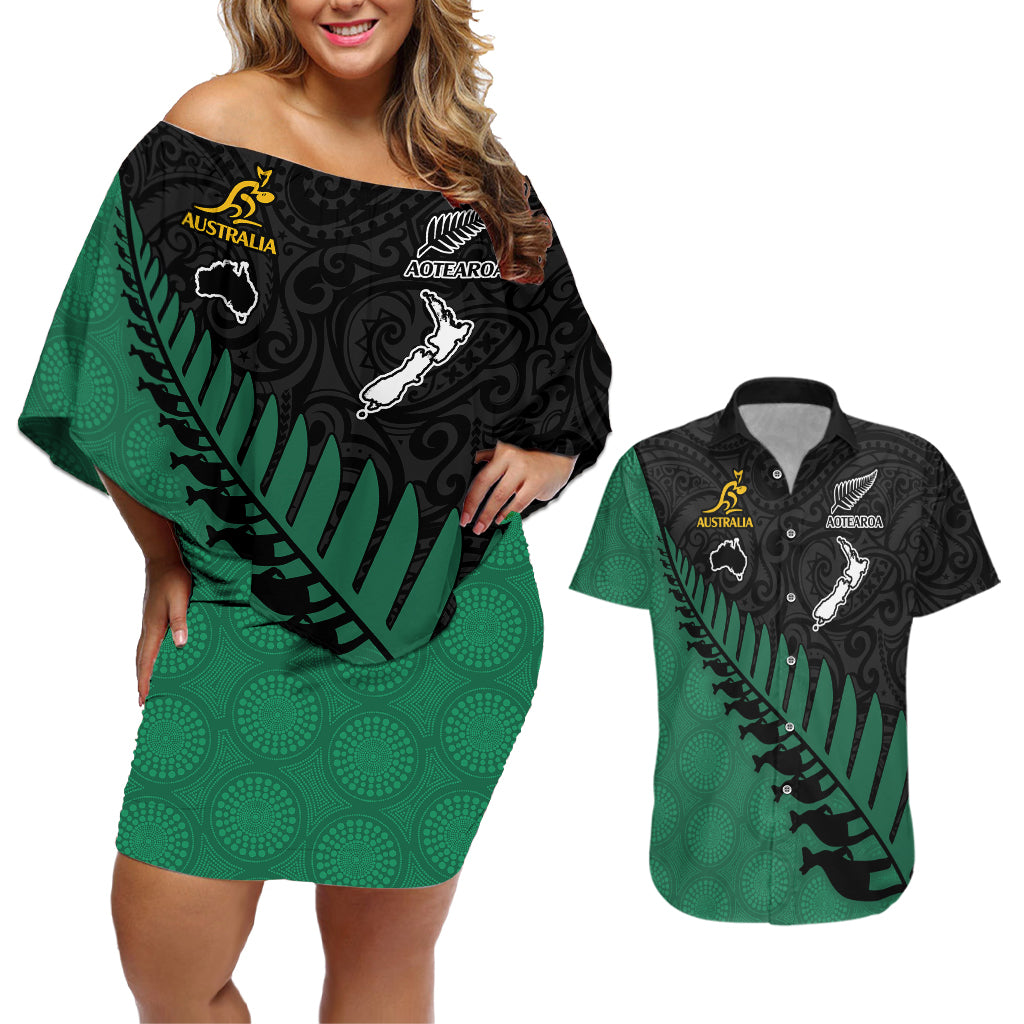 Custom Australia Wallabies and Aotearoa Rugby Couples Matching Off Shoulder Short Dress and Hawaiian Shirt Kangaroo Black Fern Maori Green Vibe LT9 Green - Polynesian Pride