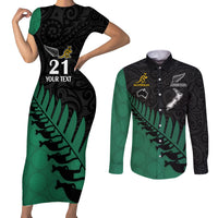 Custom Australia Wallabies and Aotearoa Rugby Couples Matching Short Sleeve Bodycon Dress and Long Sleeve Button Shirts Kangaroo Black Fern Maori Green Vibe LT9 Green - Polynesian Pride