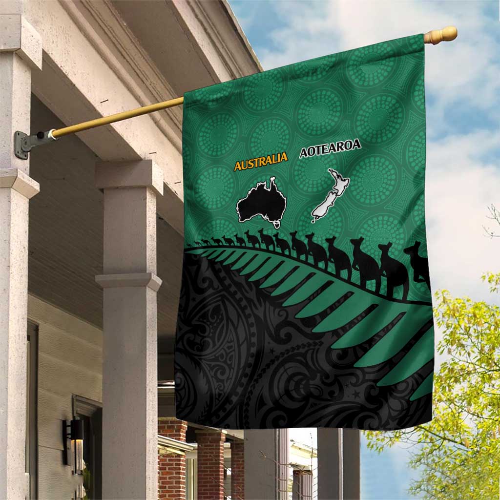 Australia New Zealand Rugby Garden Flag Green Aboriginal Wallabies and Maori Black Fern - Polynesian Pride