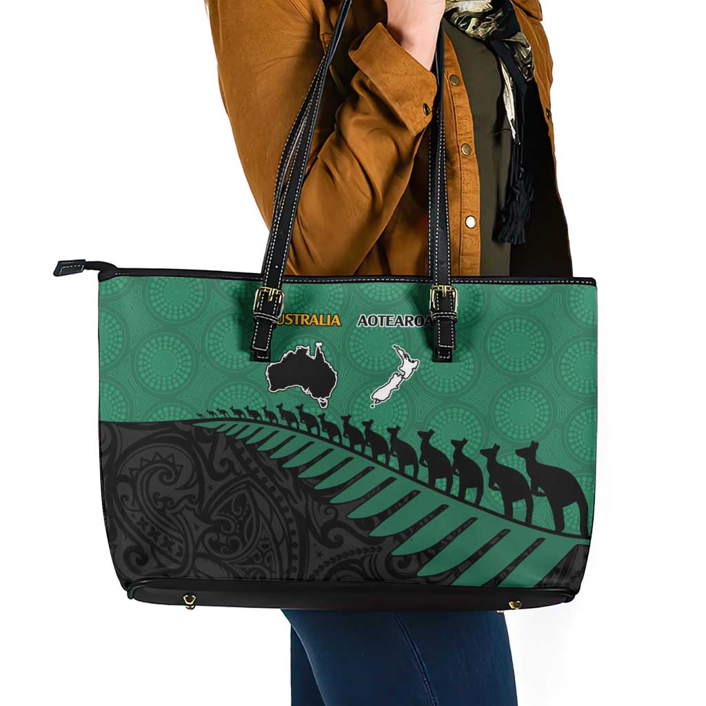 Australia New Zealand Rugby Leather Tote Bag Green Aboriginal Wallabies and Maori Black Fern - Polynesian Pride