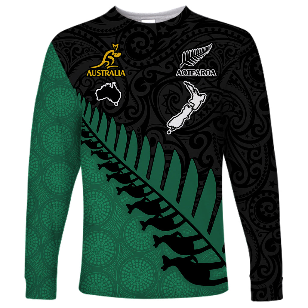 Custom Australia Wallabies and Aotearoa Rugby Long Sleeve Shirt Kangaroo Black Fern Maori Green Vibe LT9 Unisex Green - Polynesian Pride