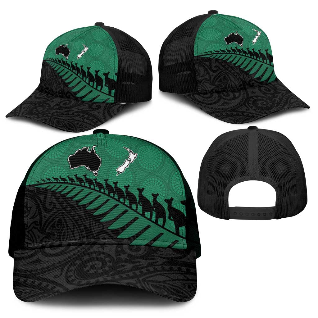 Australia New Zealand Rugby Mesh Trucker Cap Green Aboriginal Wallabies and Maori Black Fern - Polynesian Pride