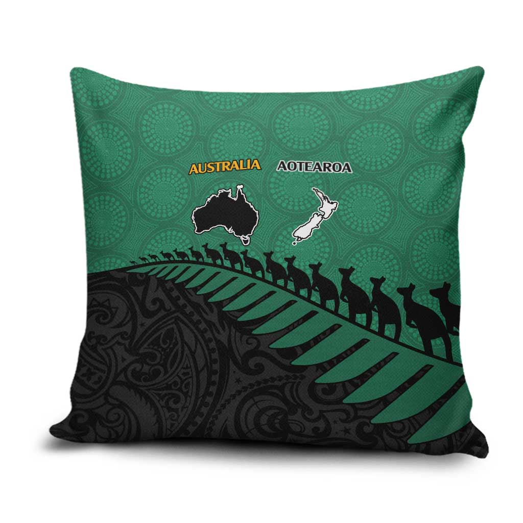 Australia New Zealand Rugby Pillow Cover Green Aboriginal Wallabies and Maori Black Fern - Polynesian Pride