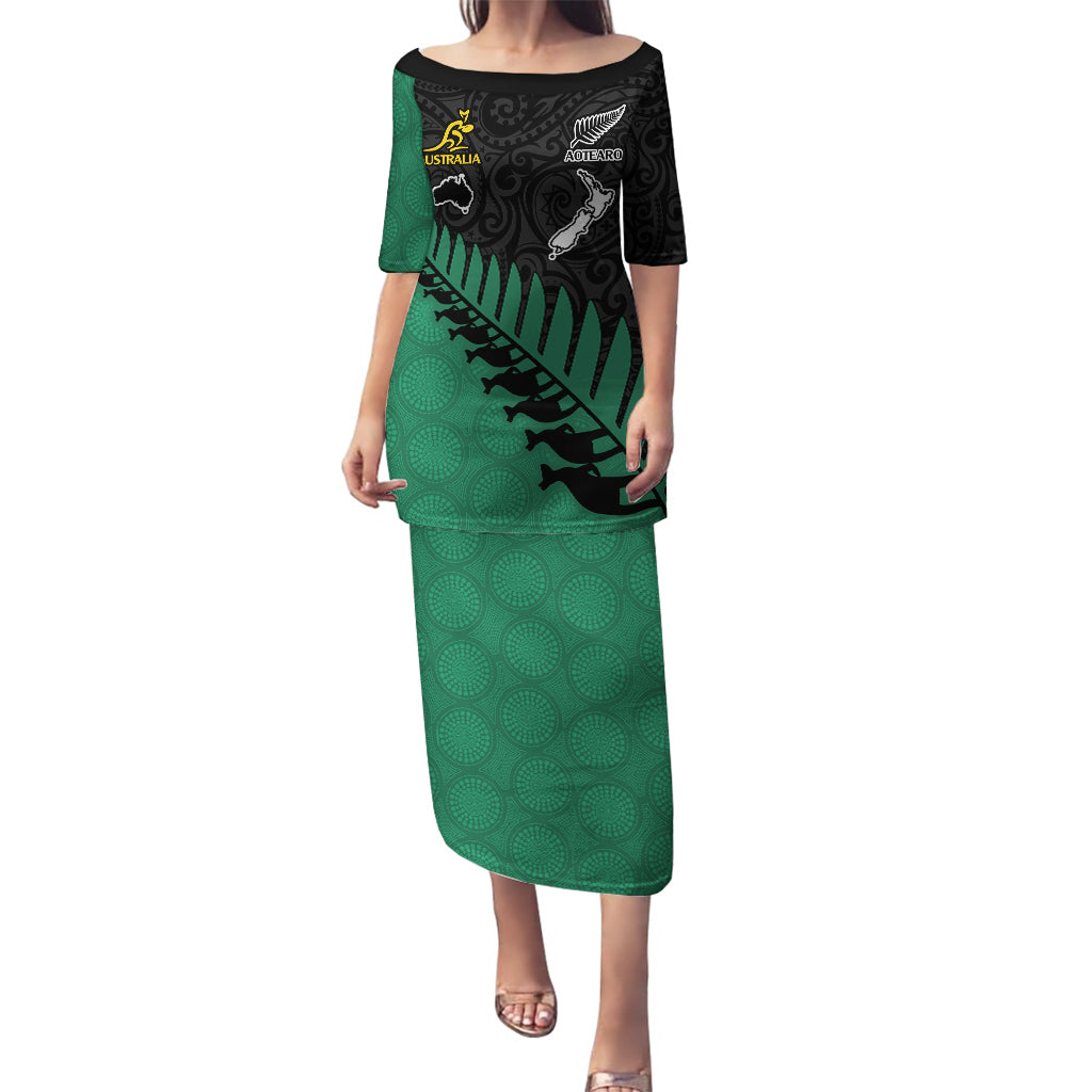 Custom Australia Wallabies and Aotearoa Rugby Puletasi Kangaroo Black Fern Maori Green Vibe LT9 Long Dress Green - Polynesian Pride
