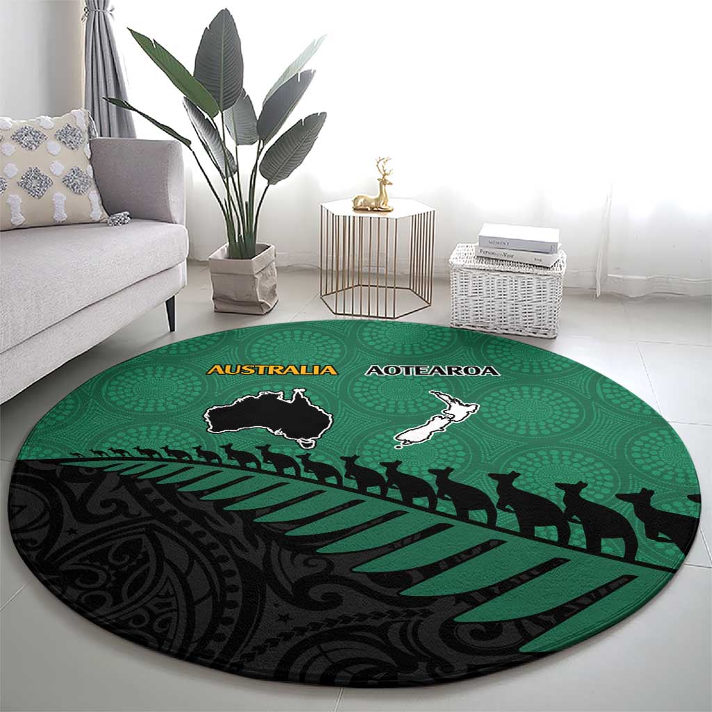 Australia New Zealand Rugby Round Carpet Green Aboriginal Wallabies and Maori Black Fern - Polynesian Pride