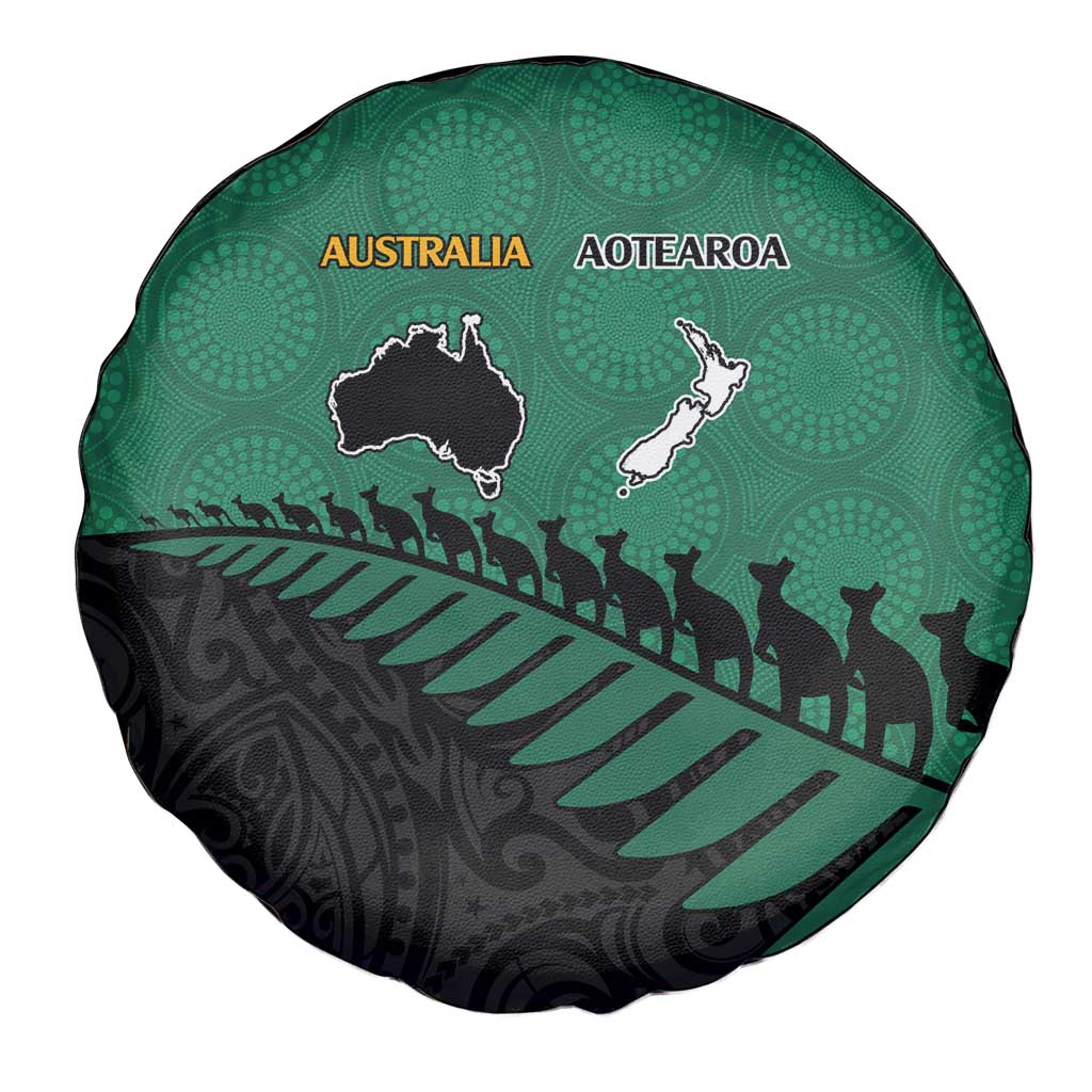 Australia New Zealand Rugby Spare Tire Cover Green Aboriginal Wallabies and Maori Black Fern - Polynesian Pride