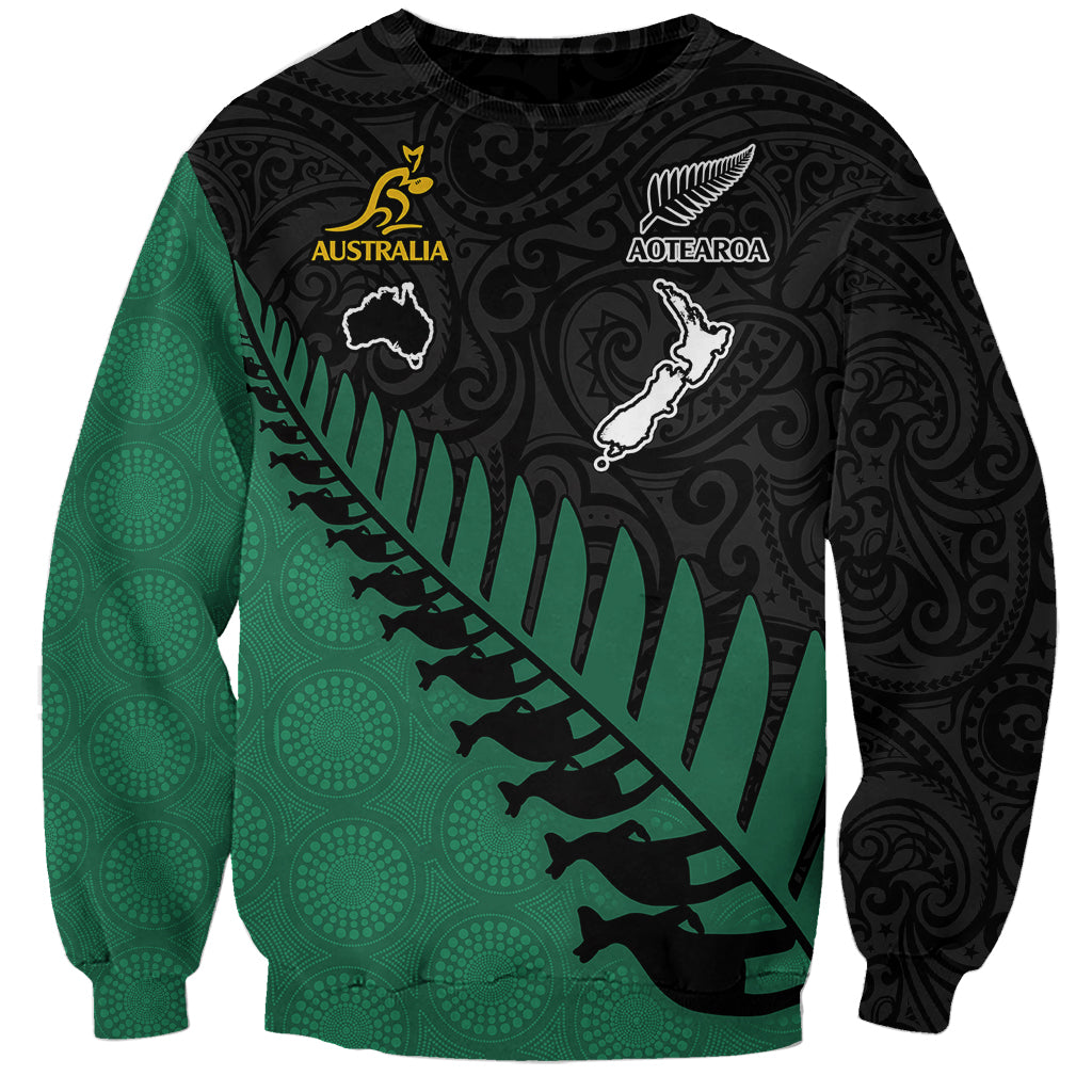 Custom Australia Wallabies and Aotearoa Rugby Sweatshirt Kangaroo Black Fern Maori Green Vibe LT9 Unisex Green - Polynesian Pride