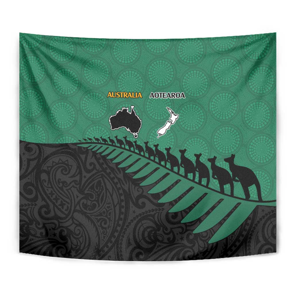 Australia New Zealand Rugby Tapestry Green Aboriginal Wallabies and Maori Black Fern - Polynesian Pride