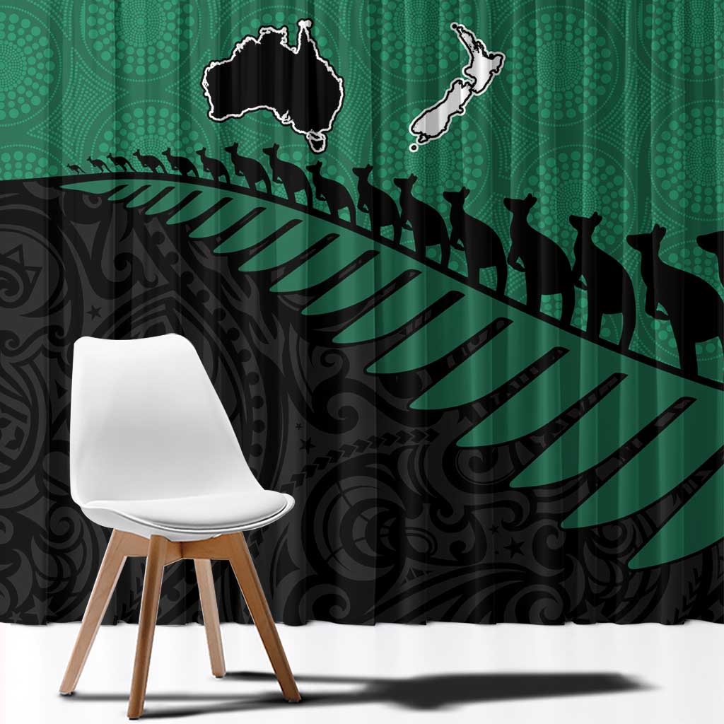 Australia New Zealand Rugby Window Curtain Green Aboriginal Wallabies and Maori Black Fern - Polynesian Pride