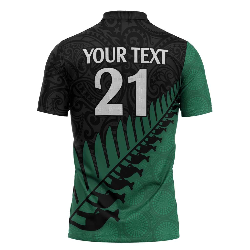 Australia New Zealand Rugby Zipper Polo Shirt Green Aboriginal Wallabies and Maori Black Fern - Polynesian Pride