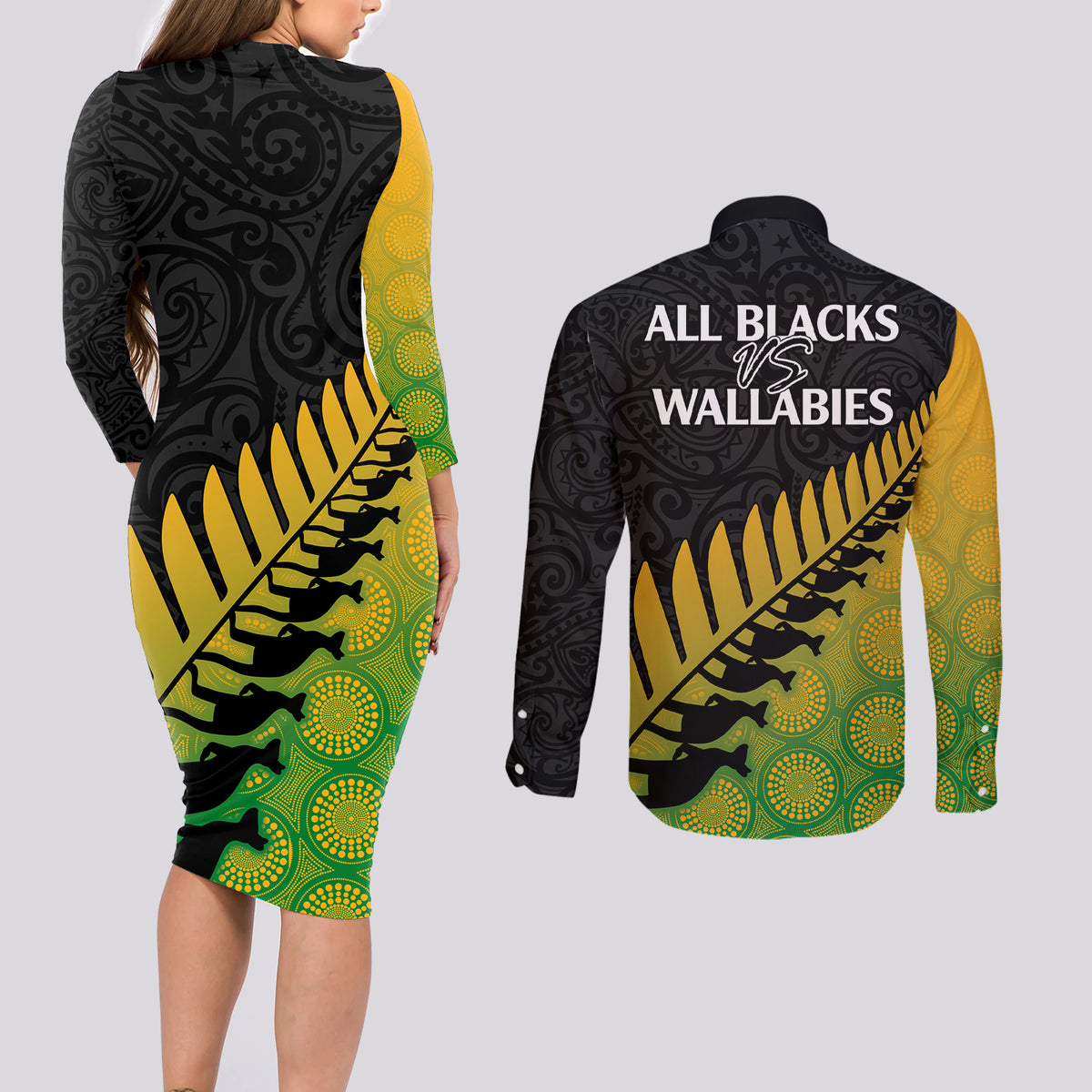 Australia Wallabies and Aotearoa Rugby Couples Matching Long Sleeve Bodycon Dress and Long Sleeve Button Shirts Kangaroo Black Fern Maori Gradient Vibe LT9 - Polynesian Pride