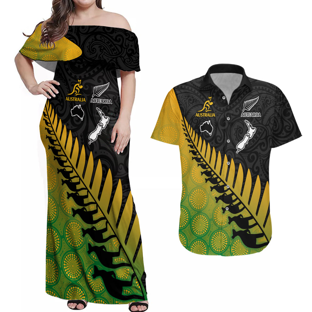Australia Wallabies and Aotearoa Rugby Couples Matching Off Shoulder Maxi Dress and Hawaiian Shirt Kangaroo Black Fern Maori Gradient Vibe LT9 Gradient - Polynesian Pride