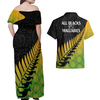 Australia Wallabies and Aotearoa Rugby Couples Matching Off Shoulder Maxi Dress and Hawaiian Shirt Kangaroo Black Fern Maori Gradient Vibe LT9 - Polynesian Pride
