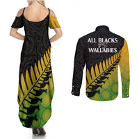 Australia Wallabies and Aotearoa Rugby Couples Matching Summer Maxi Dress and Long Sleeve Button Shirts Kangaroo Black Fern Maori Gradient Vibe LT9 - Polynesian Pride