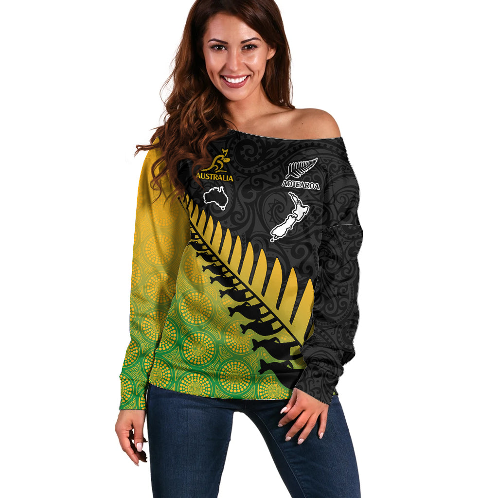 Australia Wallabies and Aotearoa Rugby Off Shoulder Sweater Kangaroo Black Fern Maori Gradient Vibe LT9 Women Gradient - Polynesian Pride