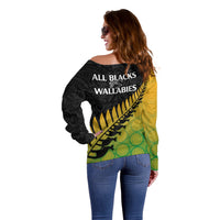 Australia Wallabies and Aotearoa Rugby Off Shoulder Sweater Kangaroo Black Fern Maori Gradient Vibe LT9 - Polynesian Pride