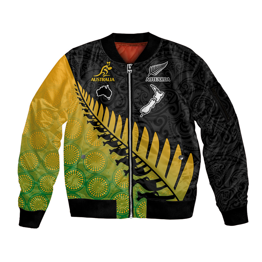 Australia Wallabies and Aotearoa Rugby Sleeve Zip Bomber Jacket Kangaroo Black Fern Maori Gradient Vibe LT9 Unisex Gradient - Polynesian Pride